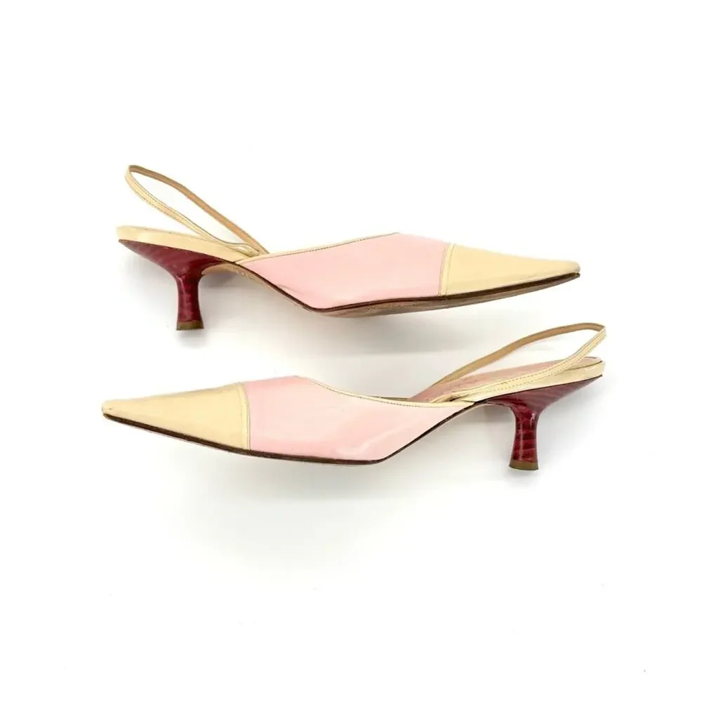 Vintage Chanel Pastel Pink Cap Toe Slingback Kitten Heel Pointed Toe Pumps 36